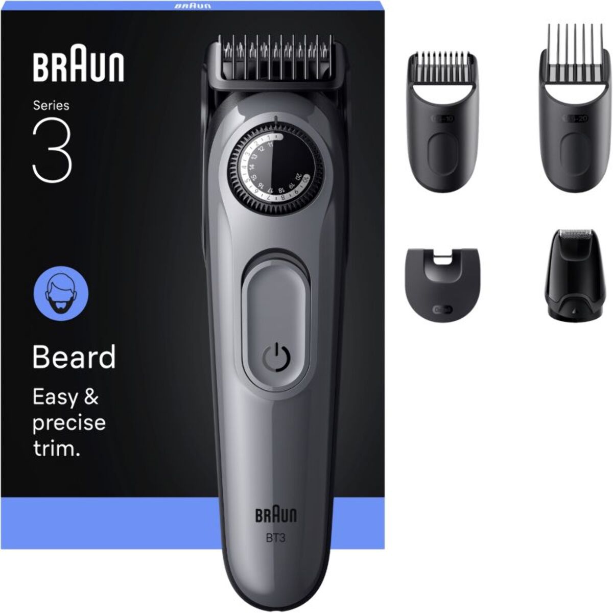 Tondeuse barbe BRAUN BT3560, molette réglable, 40 hauteurs de coupe, précision 0,5 mm, autonomie 50 mn