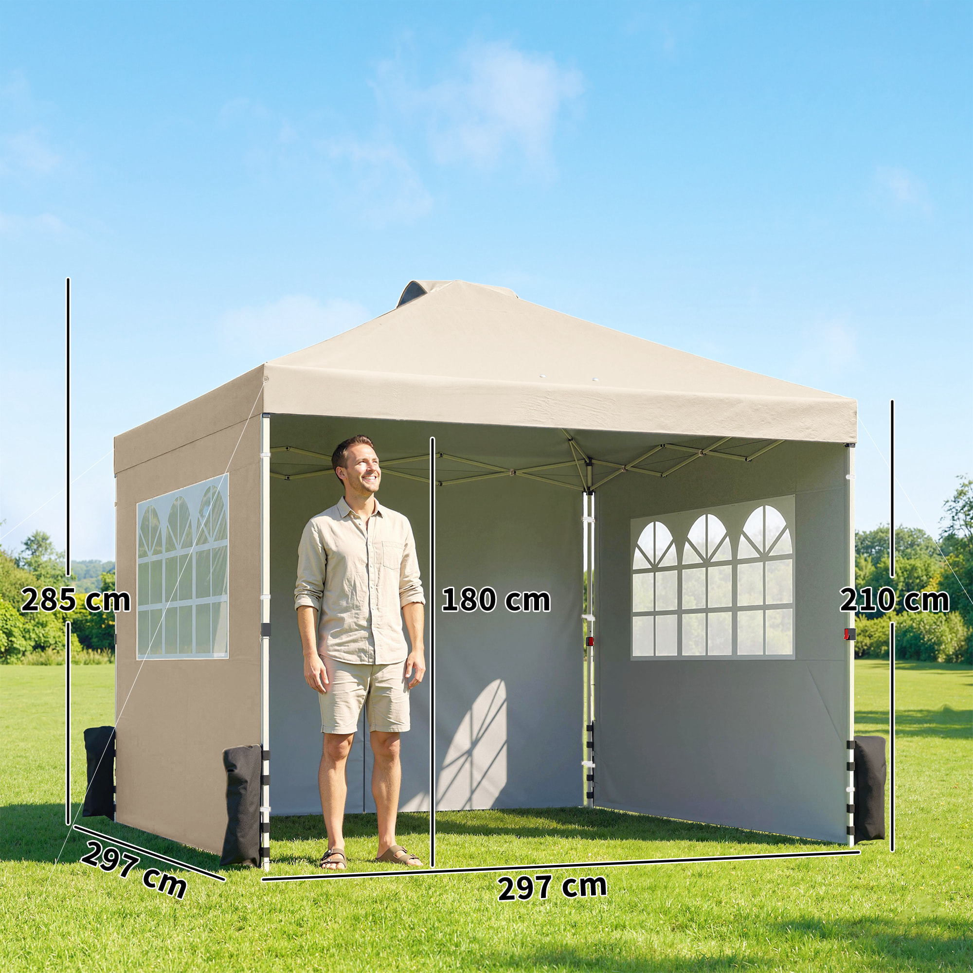 Tonnelle barnum pop-up 3 x 3 m 2 fenêtres sacs lestage blanc cassé
