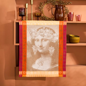 Torchon pur coton motif jacquard bordeaux orange Mona lisa cuivre