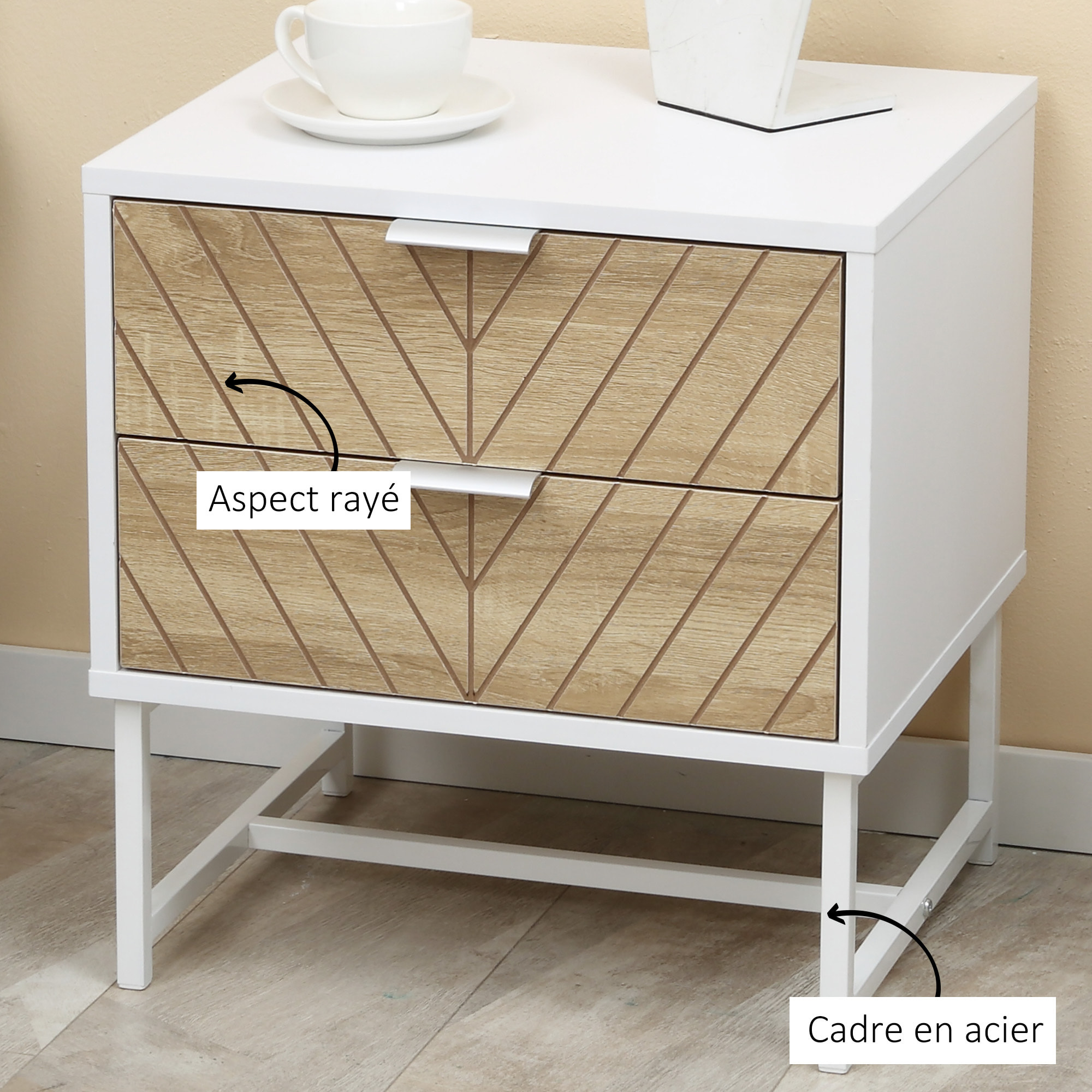 Chevet table de nuit style graphique - 2 tiroirs façades chevrons - acier blanc aspect bois clair