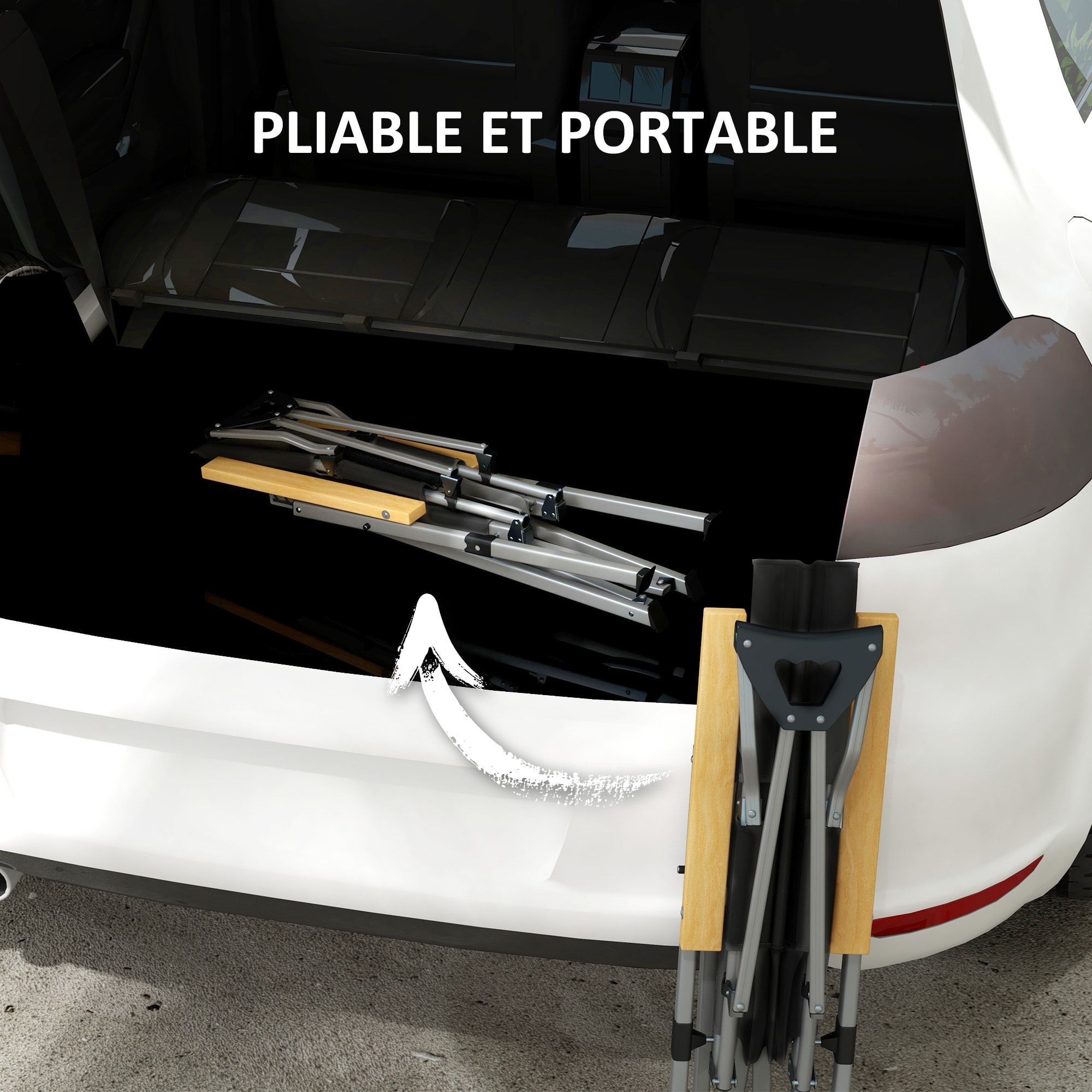 Chaise de camping pliable portable inclinable pochette rangement tétière alu accoudoirs bois noir