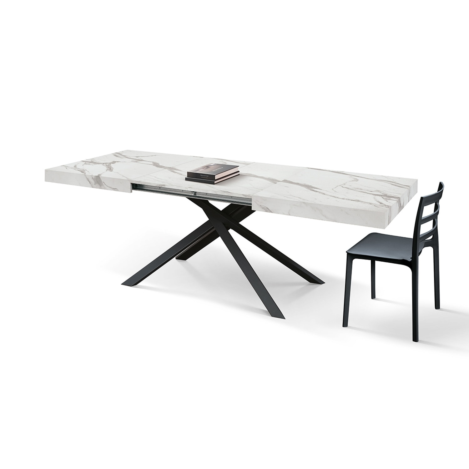 Tavolo FORTE DEI MARMI in legno, finitura bianco statuario e base in metallo nero, allungabile 160x90 cm - 240x90 cm