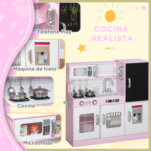 Cocina de Juguete Cocina para Niños de +3 Años Cocina Infantil de Madera con Accesorios para Cocinar Pizarra Máquina de Hielo y Teléfono 83,8x26,8x81 cm Rosa