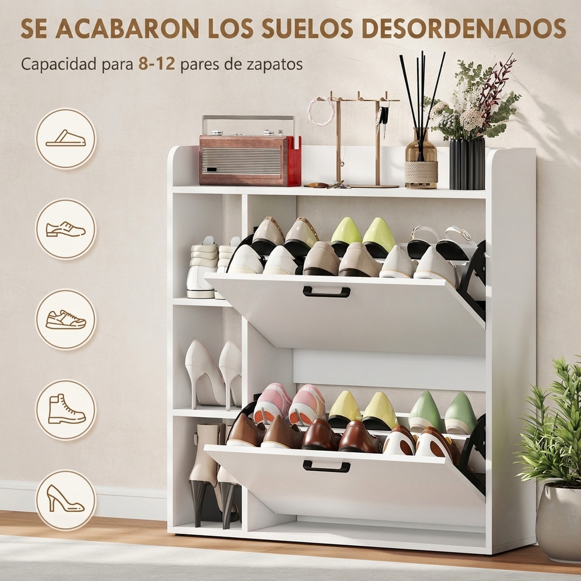 Zapatero Estrecho 2 Puertas, Mueble Zapatero con 3 Estantes Laterales y Estantes Ajustables, para 15 Pares de Zapatos, para Pasillo, Entrada, Espacio Reducido, 83x24x90,5 cm, Blanco