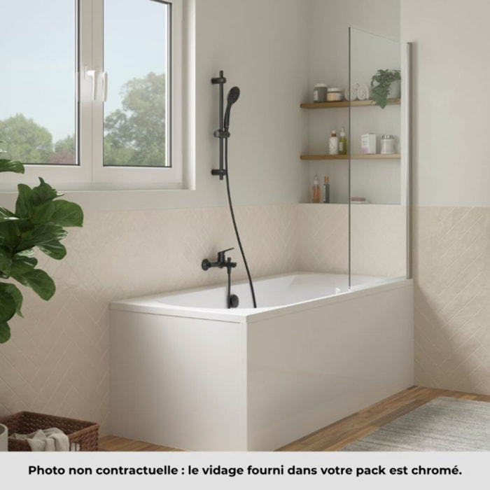 Pack baignoire droite 180 x 80 Elise + pack pommeau et mitigeur bain douche noir mat Aimé + vidage