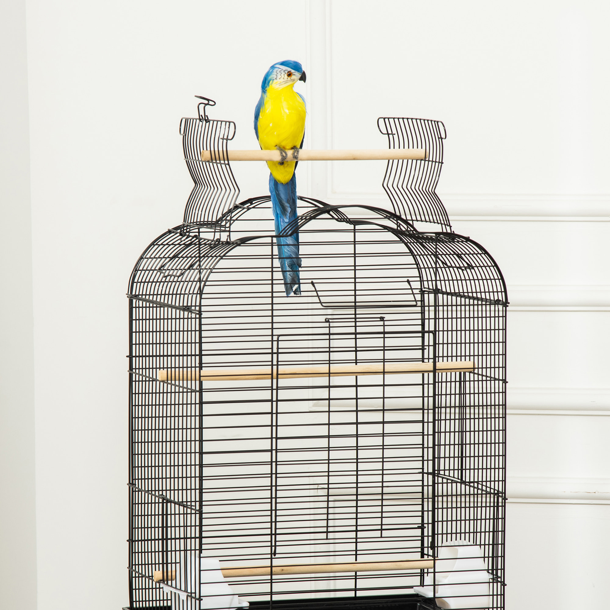 PawHut Cage à oiseaux volière amovible sur roulettes - toit ouvrant, tiroir déjection, 2 perchoirs, 2 trappes, porte, 2 mangeoires, 2 poignées - étagère - acier PP noir