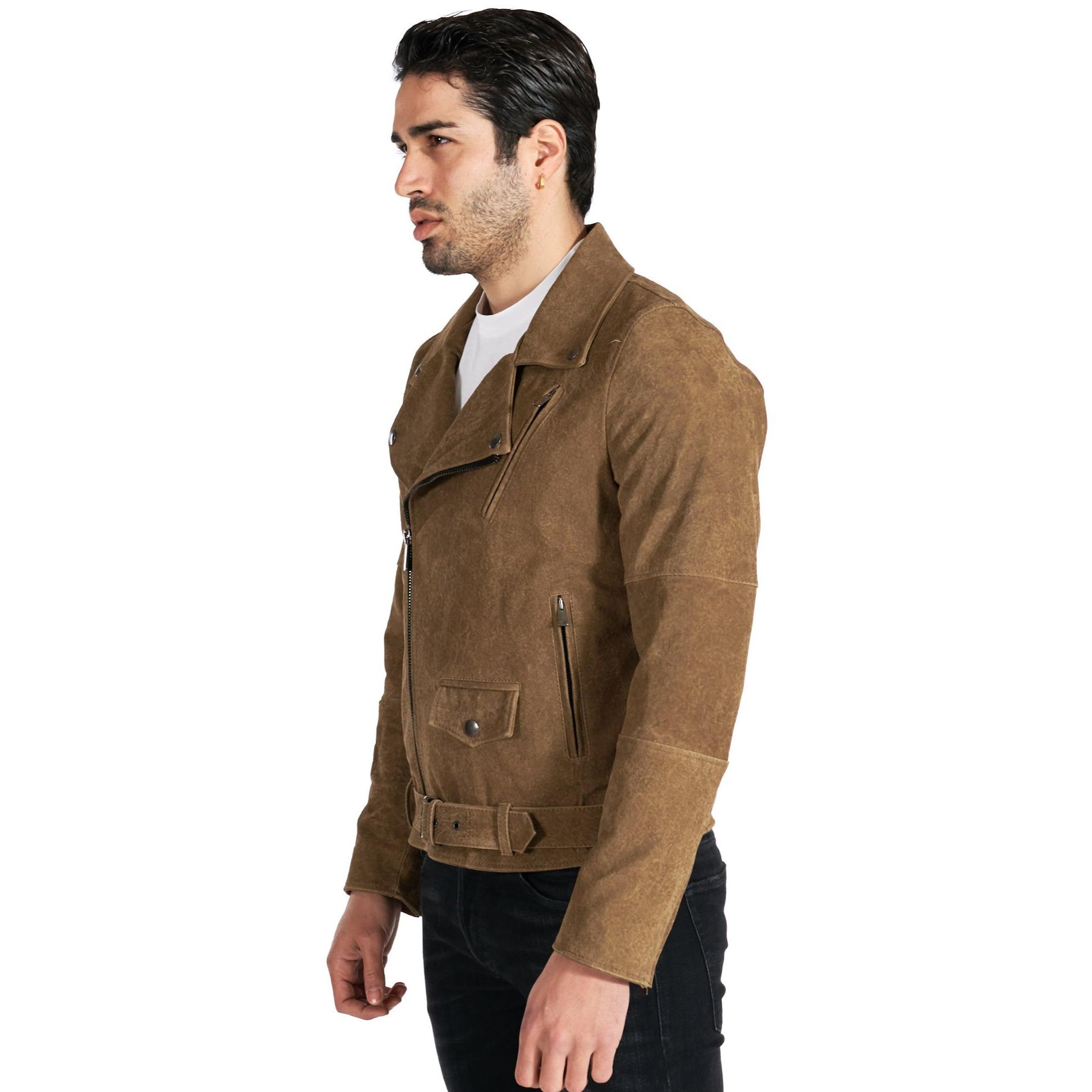 Chiodo biker in pelle nubuck color fango con cintura effetto anticato