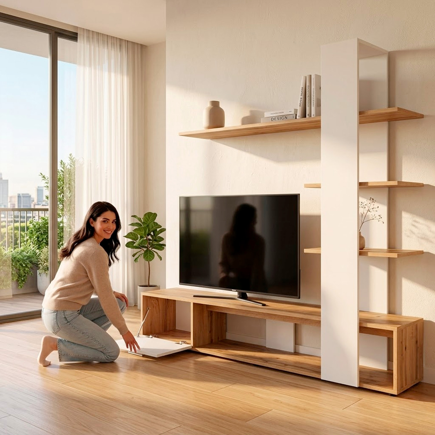 Parete Attrezzata Soggiorno Mobile Tv Ripiani Mensola Moderno Living Arredo Contemporaneo Contenitore Vani Salvaspazio 190x152x35 Cm Rovere E Bianco