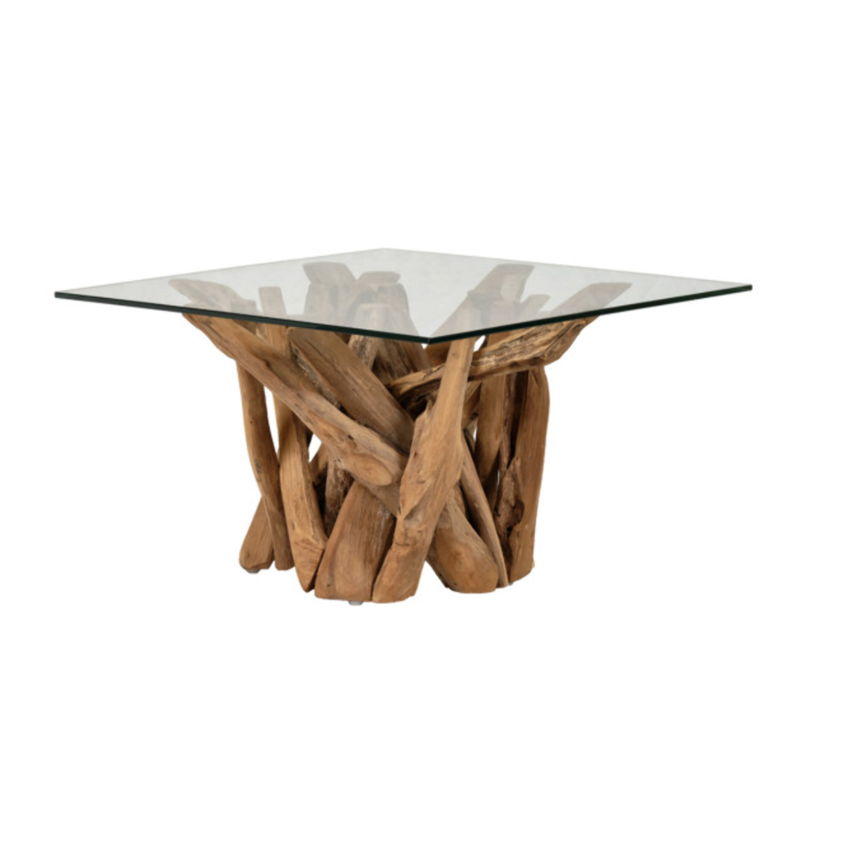 Table basse carrée 80 cm en bois de teck et plateau de verre trempé