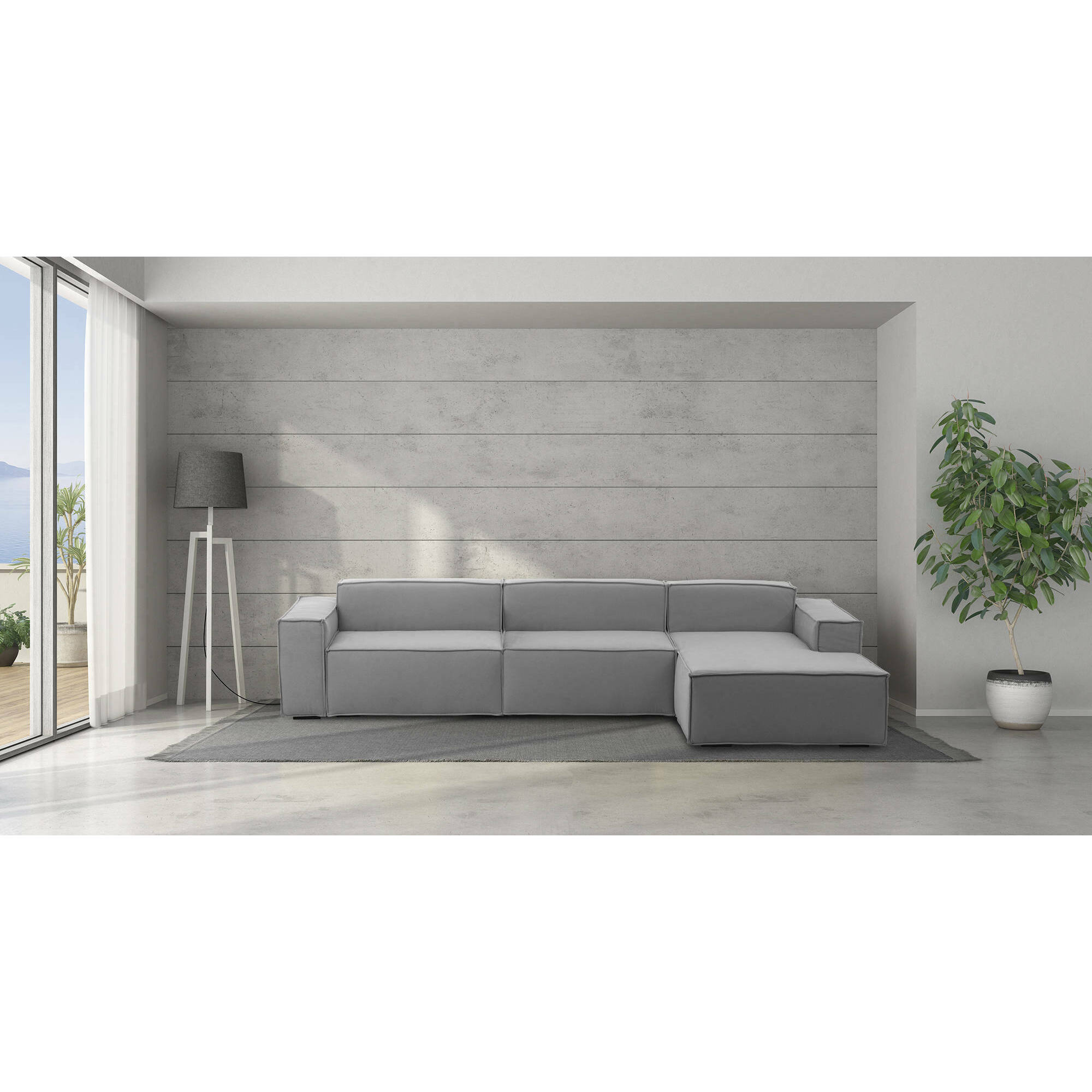 Divano fisso Raffaella, Divano componibile a 4 posti con penisola destra, 100% Made in Italy, Sofà moderno in tessuto, Cm 340x170h70, Grigio