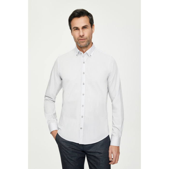 Camicia Uomo 1 Bottone Button Down Slim Popeline Stretch Unito Grigio
