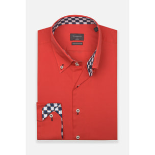 Camicia Uomo 2 Bottoni Button Down Slim Popeline Stretch Unito Corallo