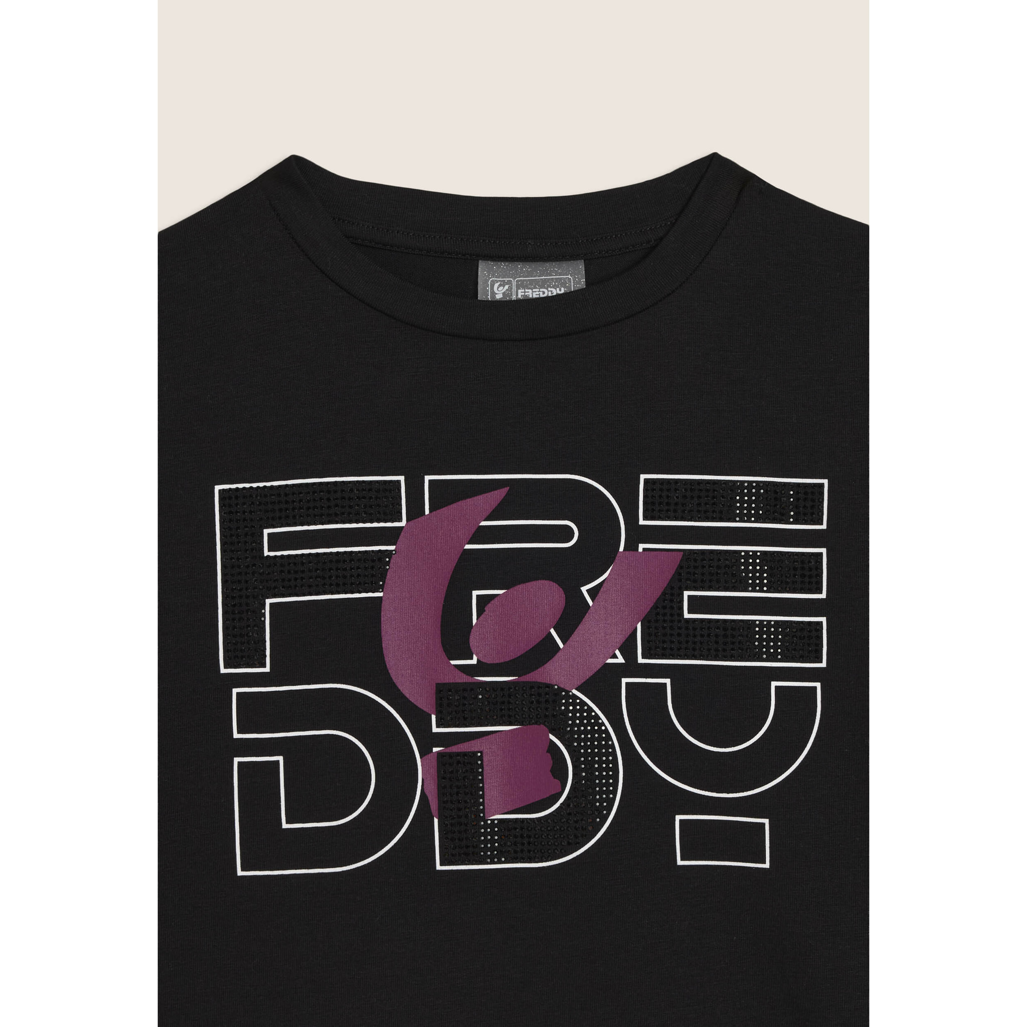 T-shirt Junior con logo in strass e cuciture a contrasto