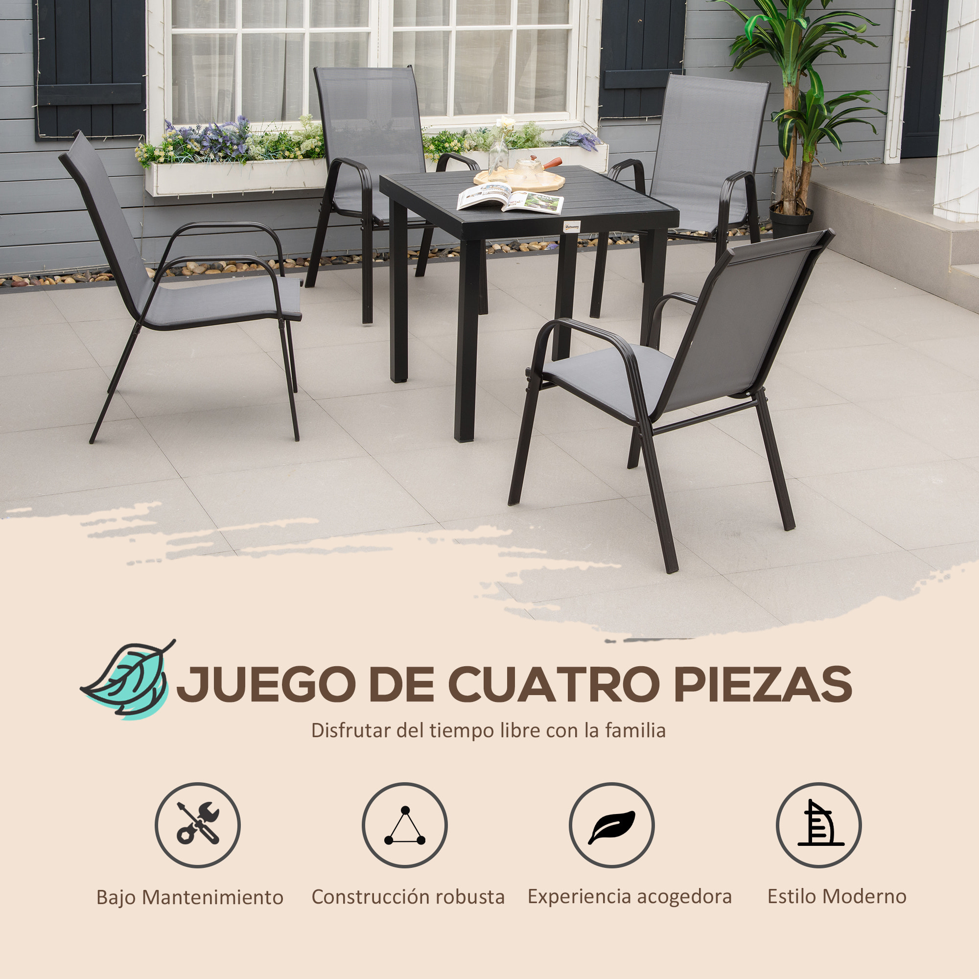 Juego de 4 Sillas de Jardín Exterior Sillas Terraza Exterior Apilables Sillón de Comedor con Tela Transpirable Marco de Metal Reposabrazos y Respaldo 54x75,5x95 cm Gris Oscuro