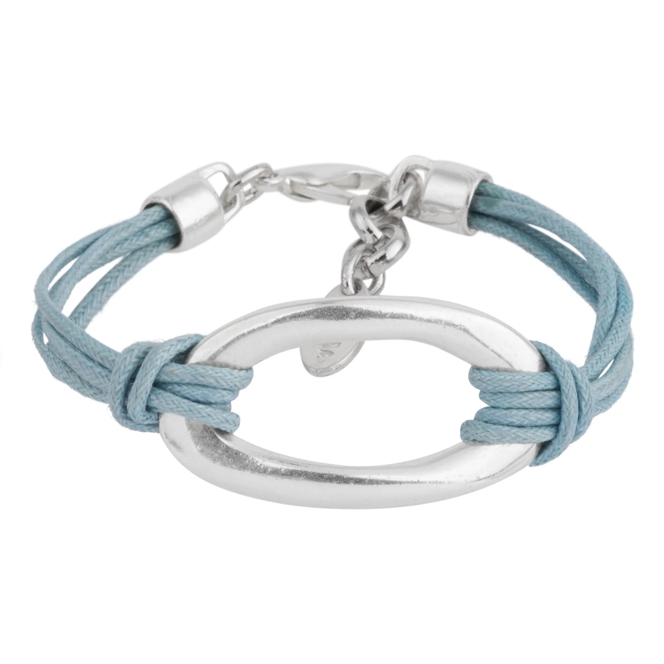 Pulsera plata y cordón azul zamak