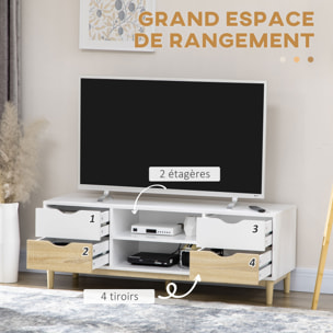 Meuble TV banc TV style scandinave 4 tiroirs 2 niches passe-fils panneaux blanc aspect chêne clair