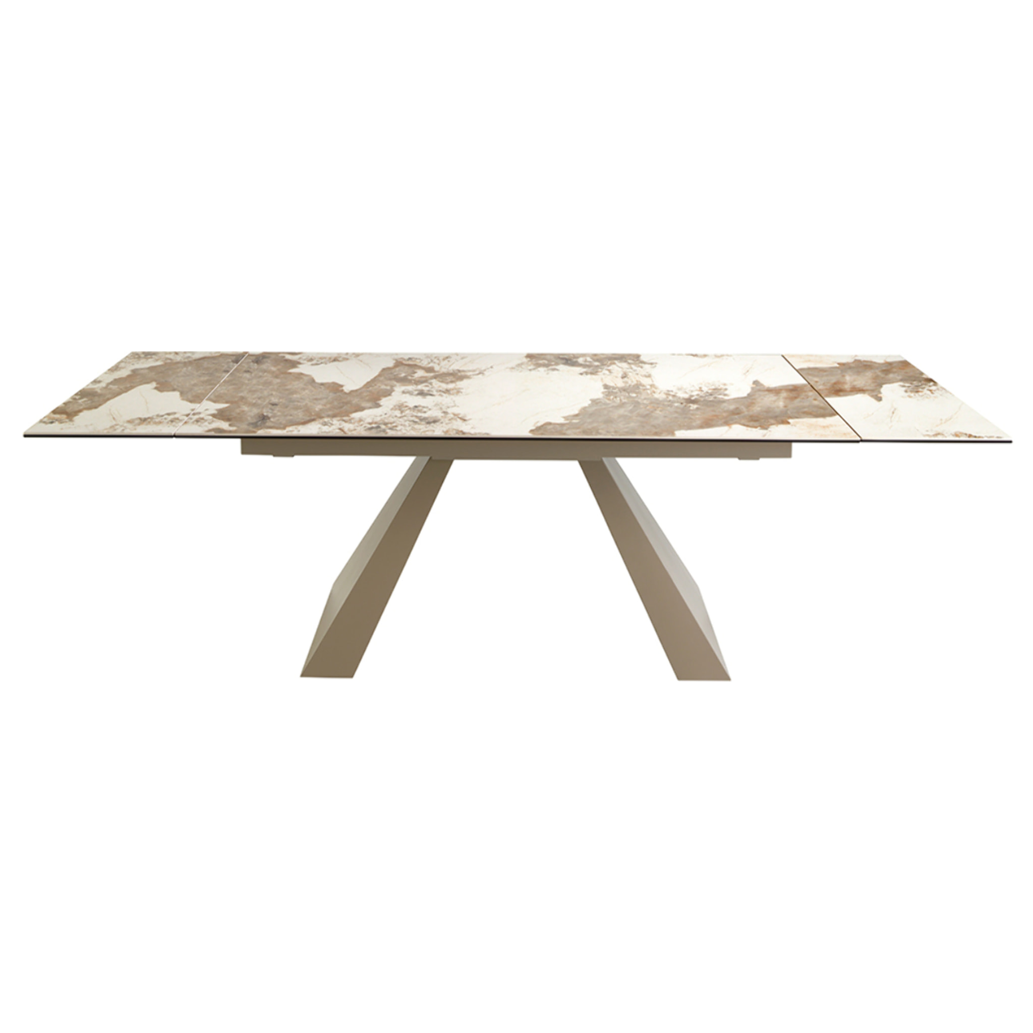 Mesa comedor extensible rectangular con tapa de mármol porcelánico blanco con vetas en tonos tierra en acabado brillo 180x90x76cm
