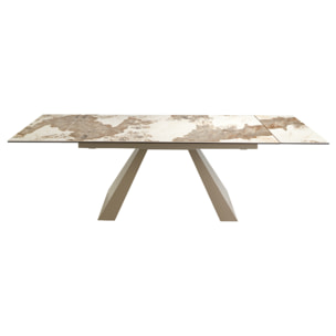 Mesa comedor extensible rectangular con tapa de mármol porcelánico blanco con vetas en tonos tierra en acabado brillo 180x90x76cm