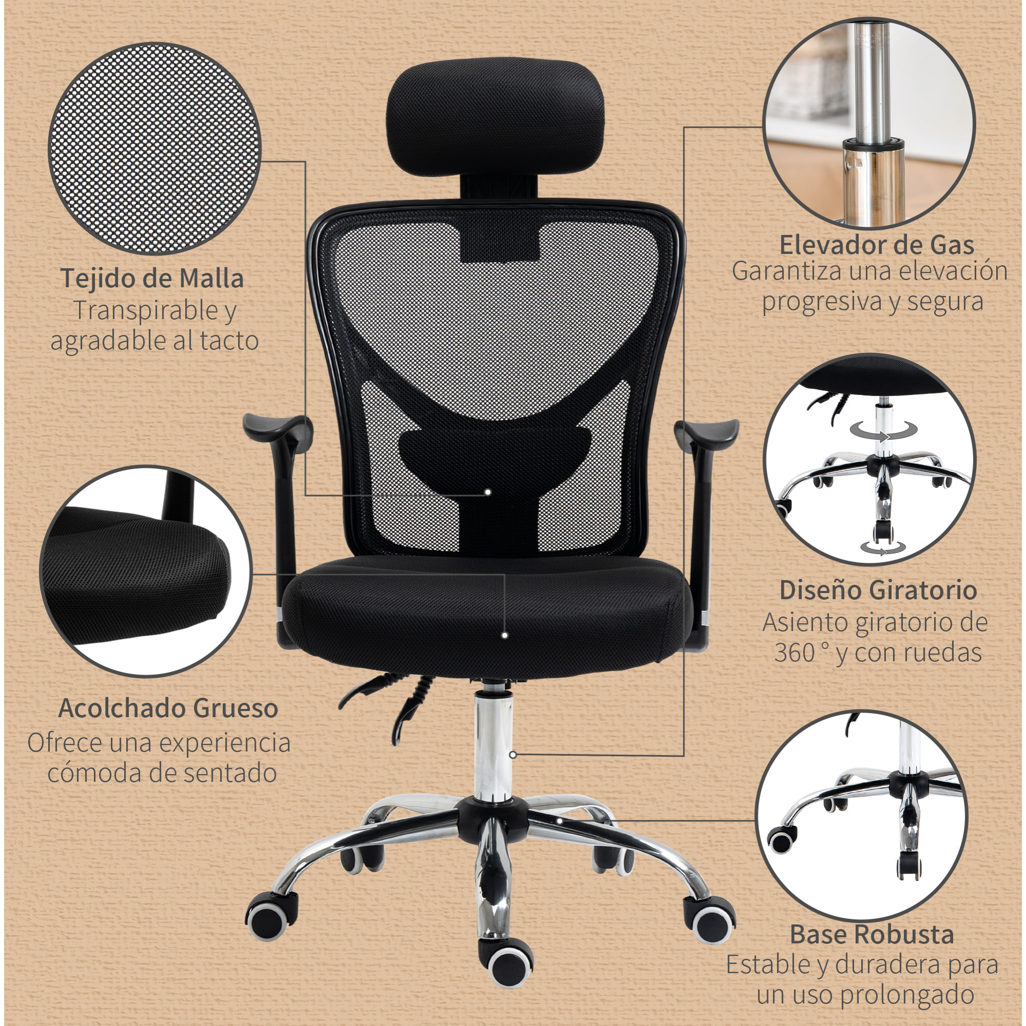 Conjunto de Oficina Incluye 1 Silla de Oficina Reclinable con Altura Ajustable 62x67x108-118 cm y 1 Alfombra Protectora de Suelo 90x120 cm Negro y Transparente