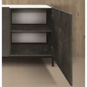 Credenza PIETRASANTA in legno, finitura in acciaio ossidato, piano effetto marmo statuario, 200x50 cm