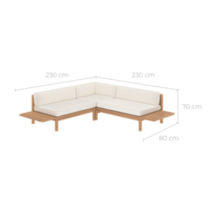 Canapé d'angle de jardin 4 places en teck massif et coussins blancs - Nadila