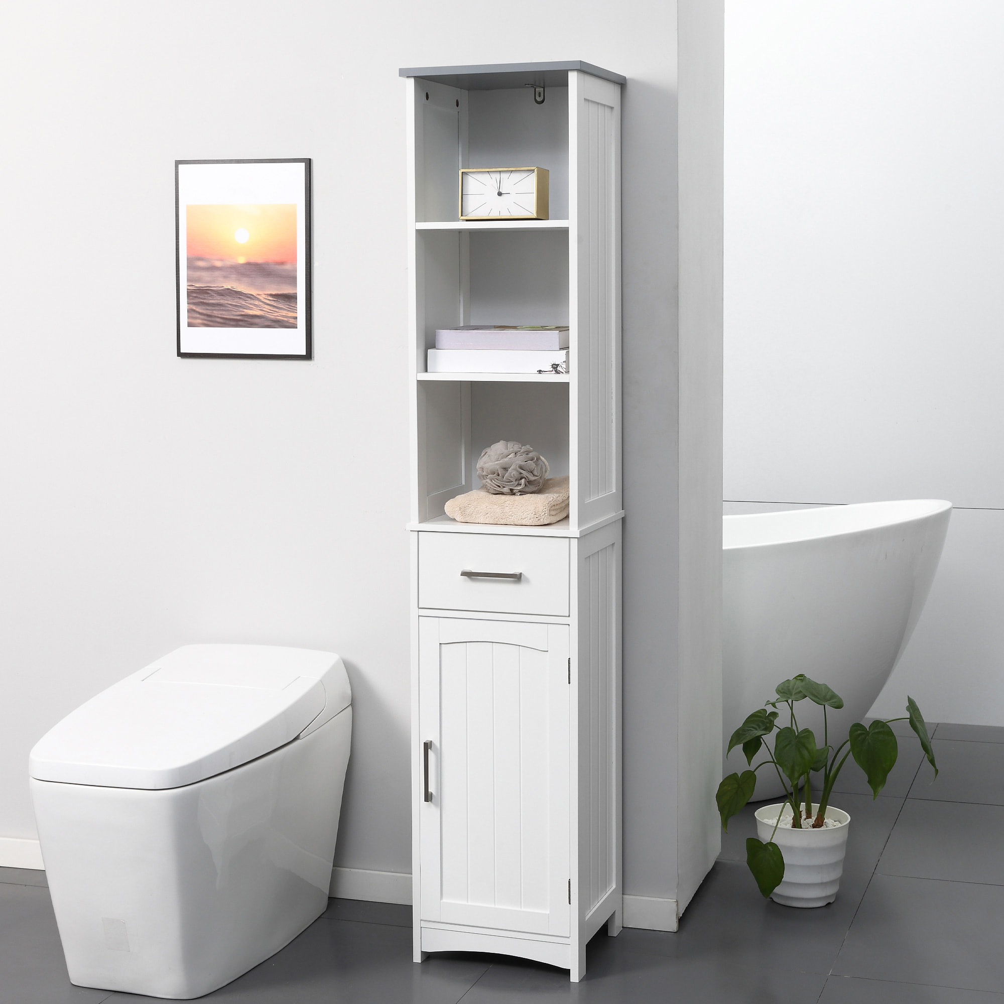 Meuble colonne salle de bain - 3 niches, placard porte étagère, tiroir - MDF blanc gris