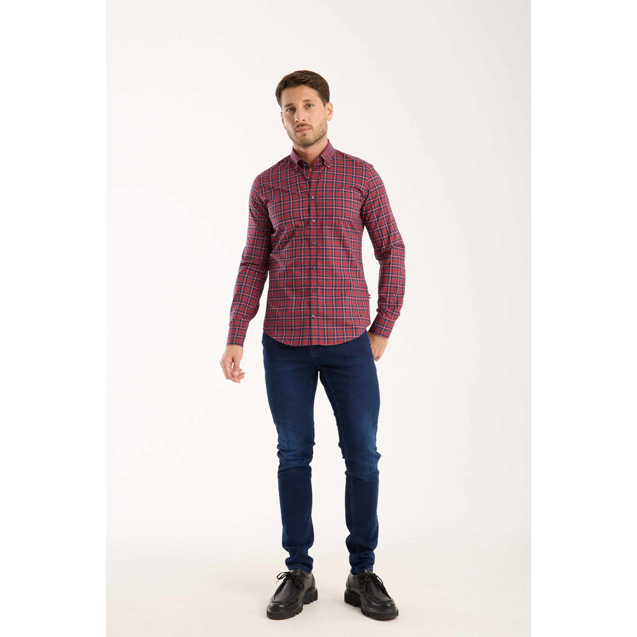 camicia uomo 1 bottone button down slim Popeline Quadro Piccolo Rosso/Blu
