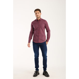 camicia uomo 1 bottone button down slim Popeline Quadro Piccolo Rosso/Blu