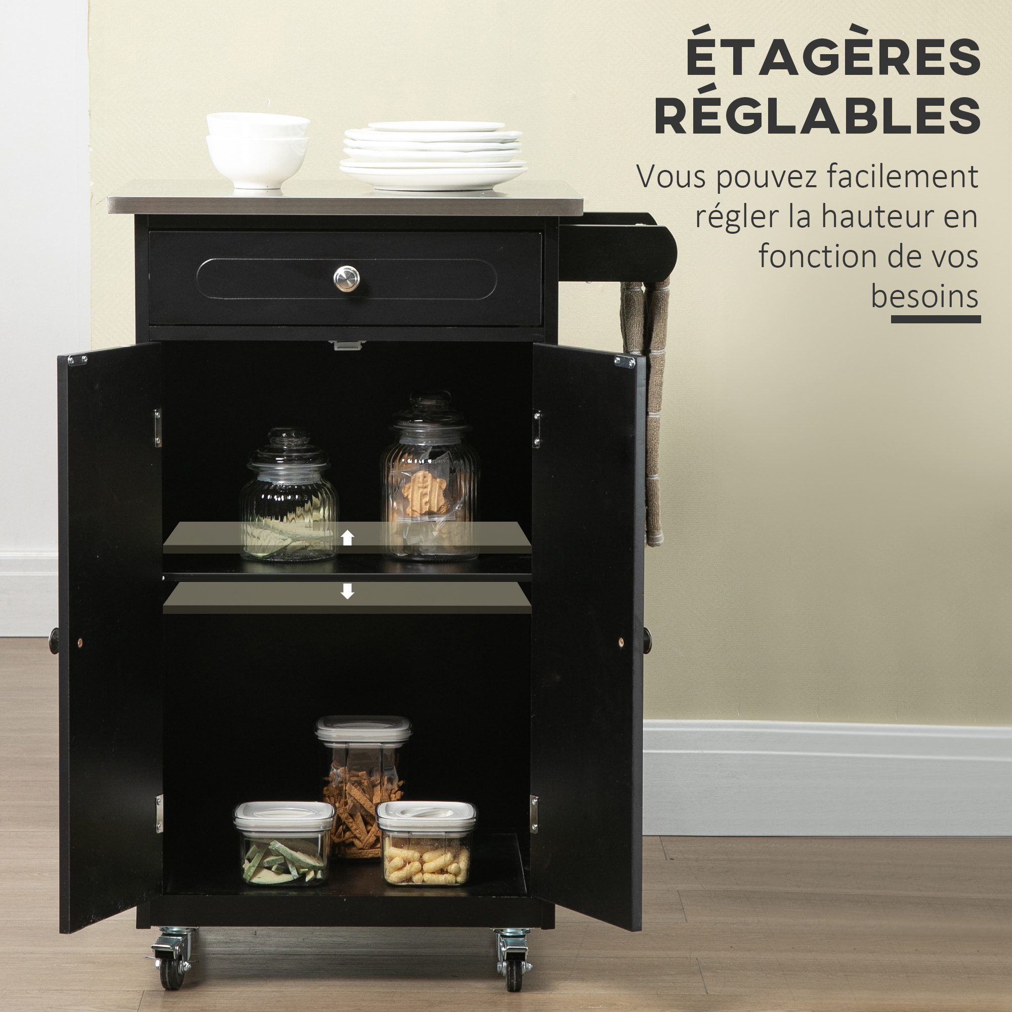 Desserte de cuisine multi-rangements 1 tiroir placard 2 portes avec étagère porte-torchons MDF noir acier inox.