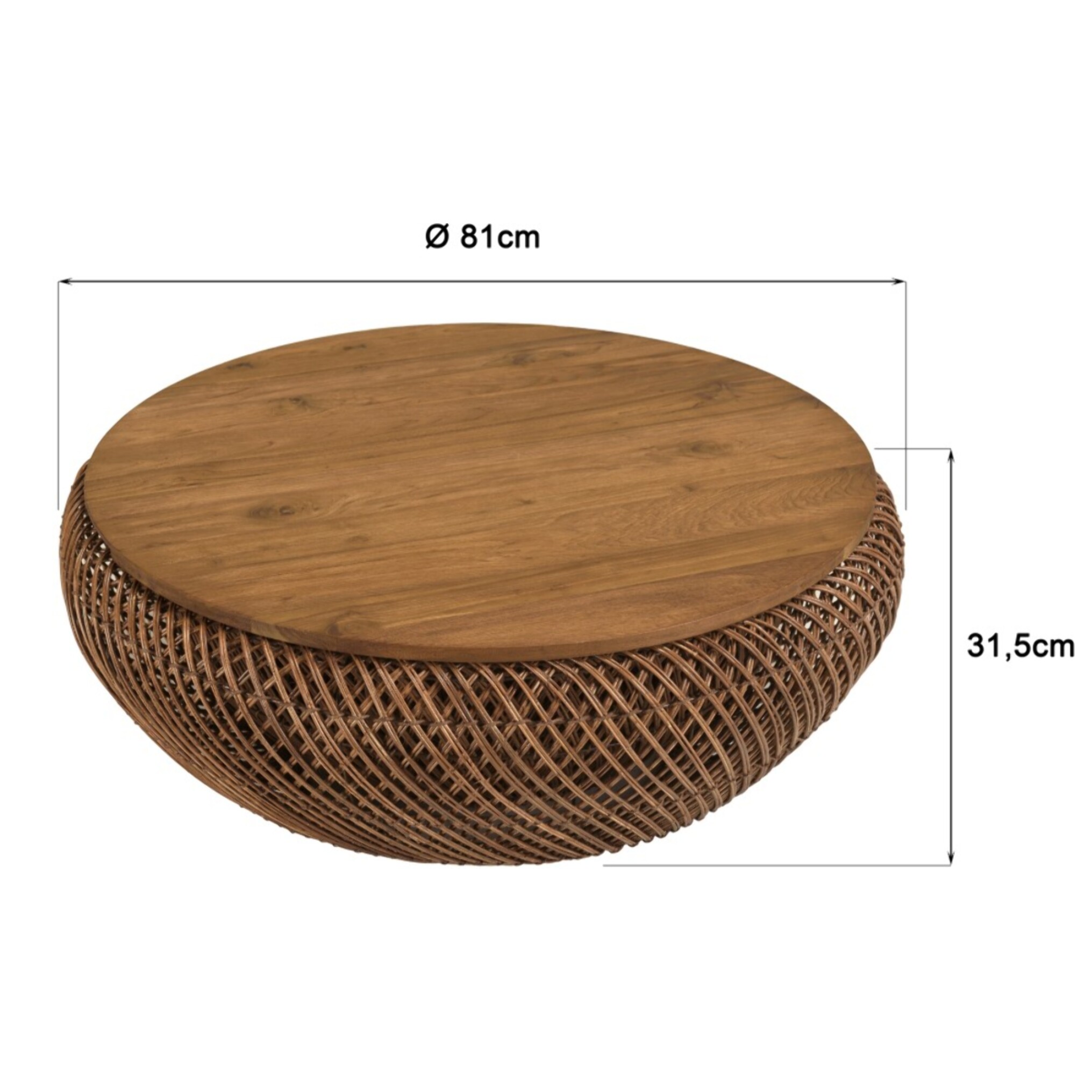 SIXTINE - Table basse en rotin couleur marron et bois de teck recyclé D80cm