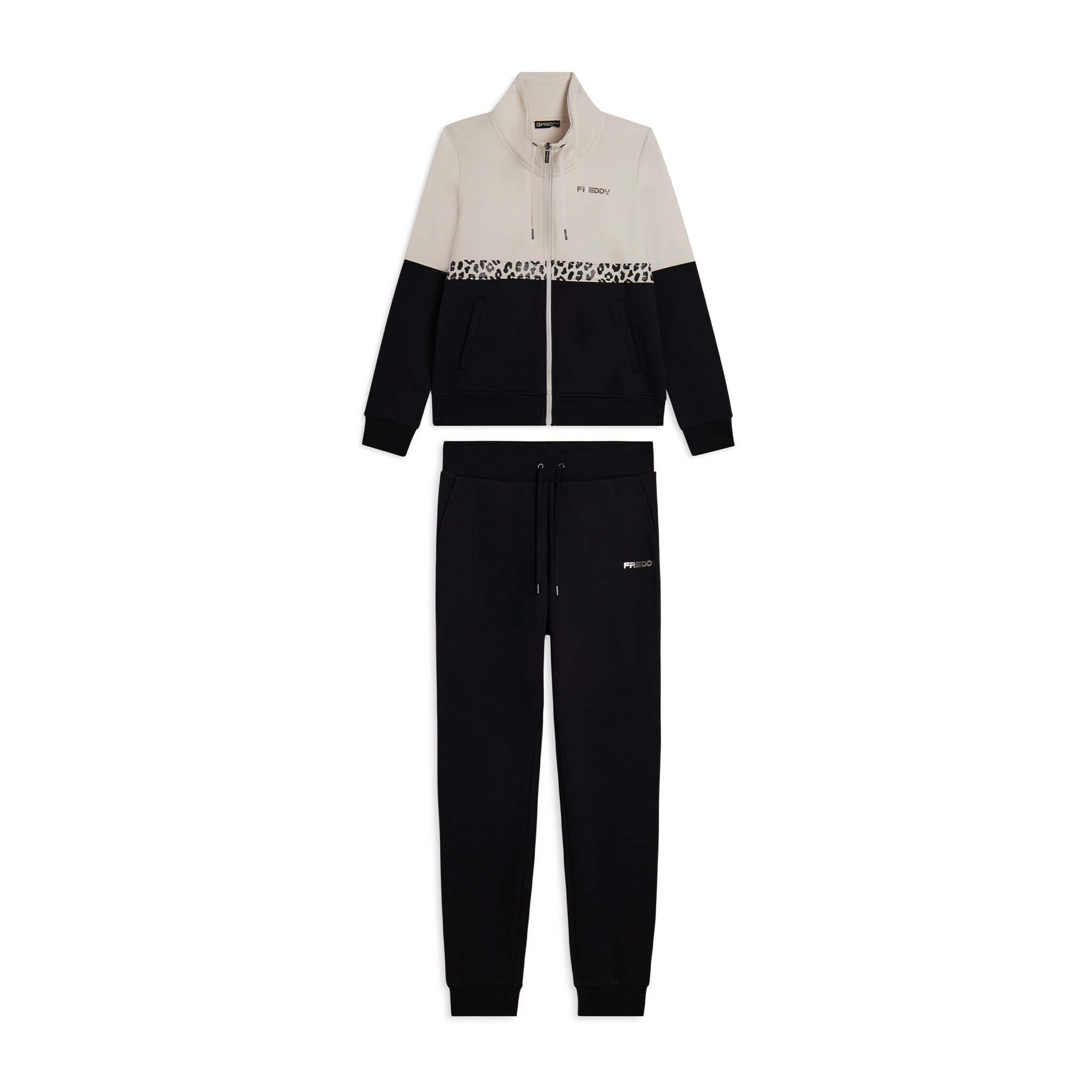 Tuta con zip e collo alto decorata da inserti animalier