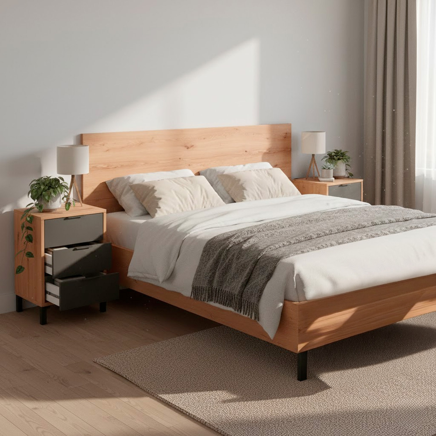 Set Testiera Letto Matrimoniale Con 2 Comodini Design Moderno Per Letti 135 E 150 cm Con Cassetti Camera Letto 60x160x2,5 Cm Rovere e Grigio Antracite