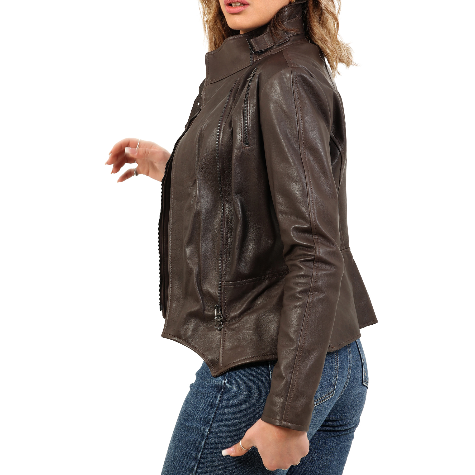 Giubbino in vera pelle di vitello Marrone-Slim Fit