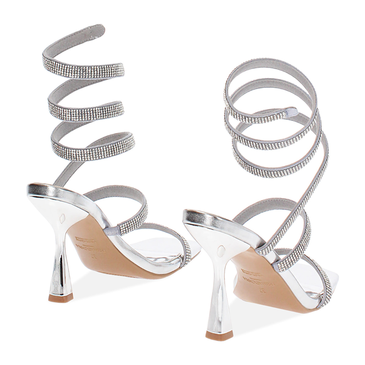 Sandali donna argento in laminato con pietre, tacco 9,5 cm