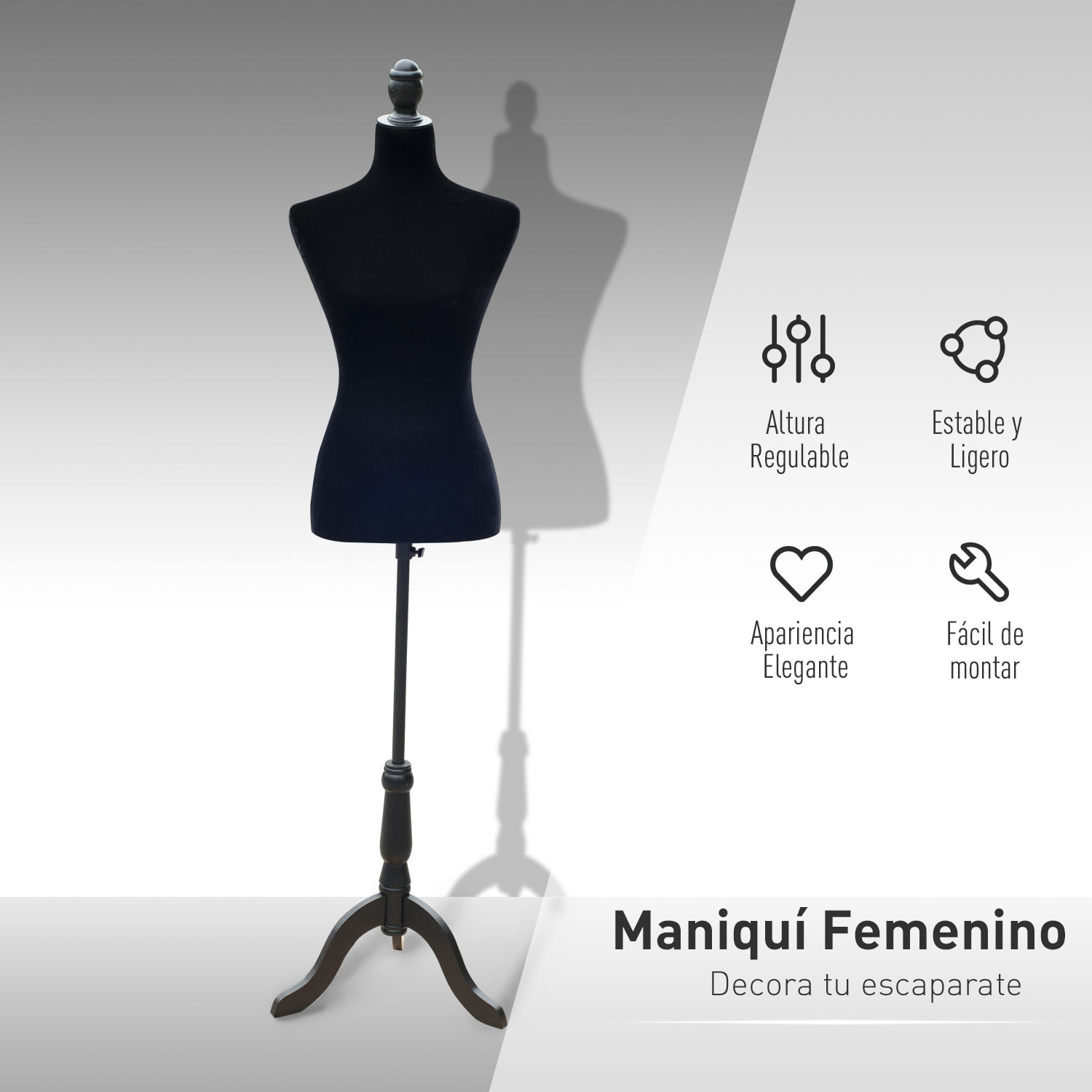 Maniquí de Costura Maniquí Mujer Ajustable a 130-168 cm con Trípode de Madera 50 Alfileres de Colores para Fotografía de Moda Exposición de Prendas Negro