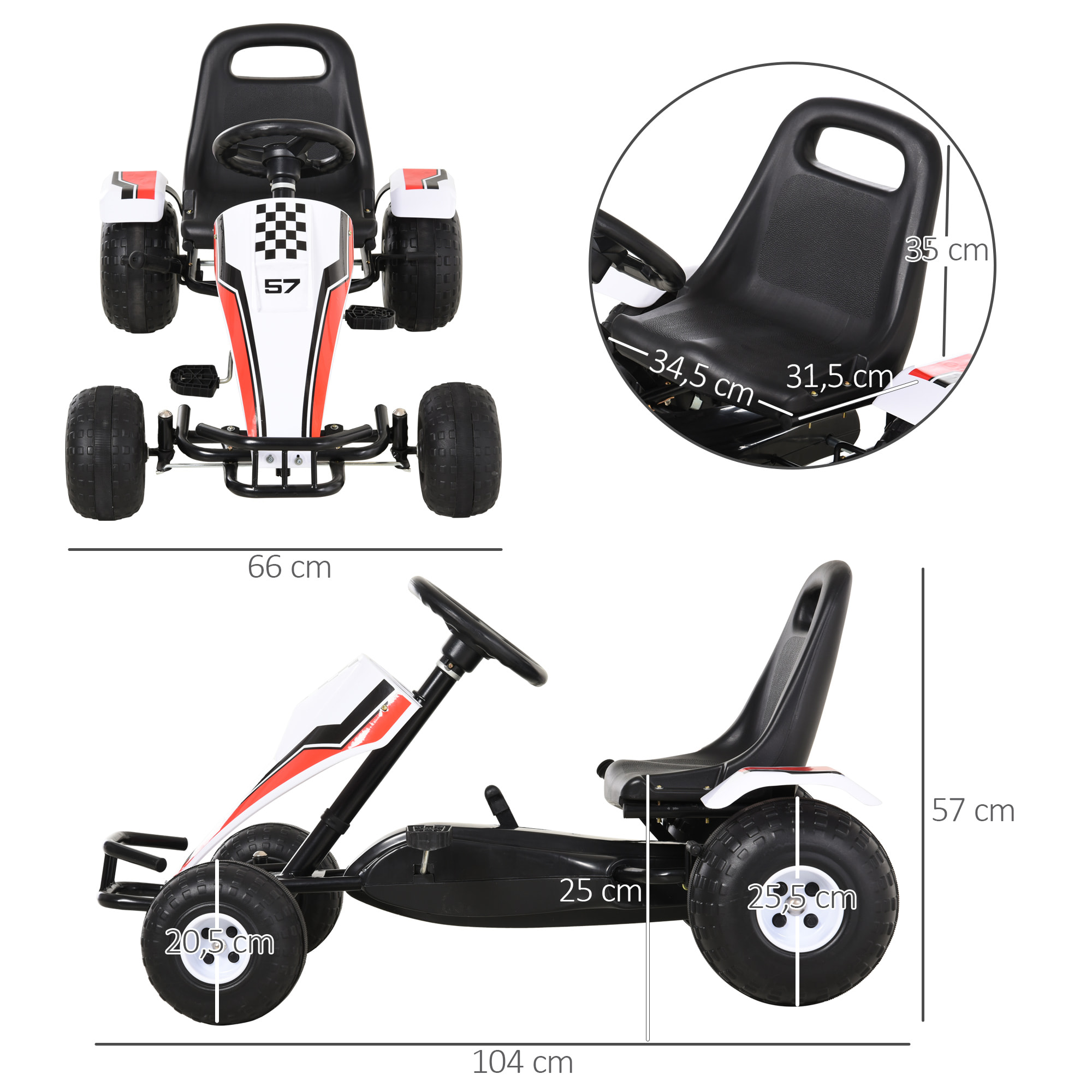 Go Kart a Pedales para Niños de +3 Años Coche de Pedales Infantil con Asiento Ajustable y Freno de Mano 104x66x57 cm Blanco y Negro