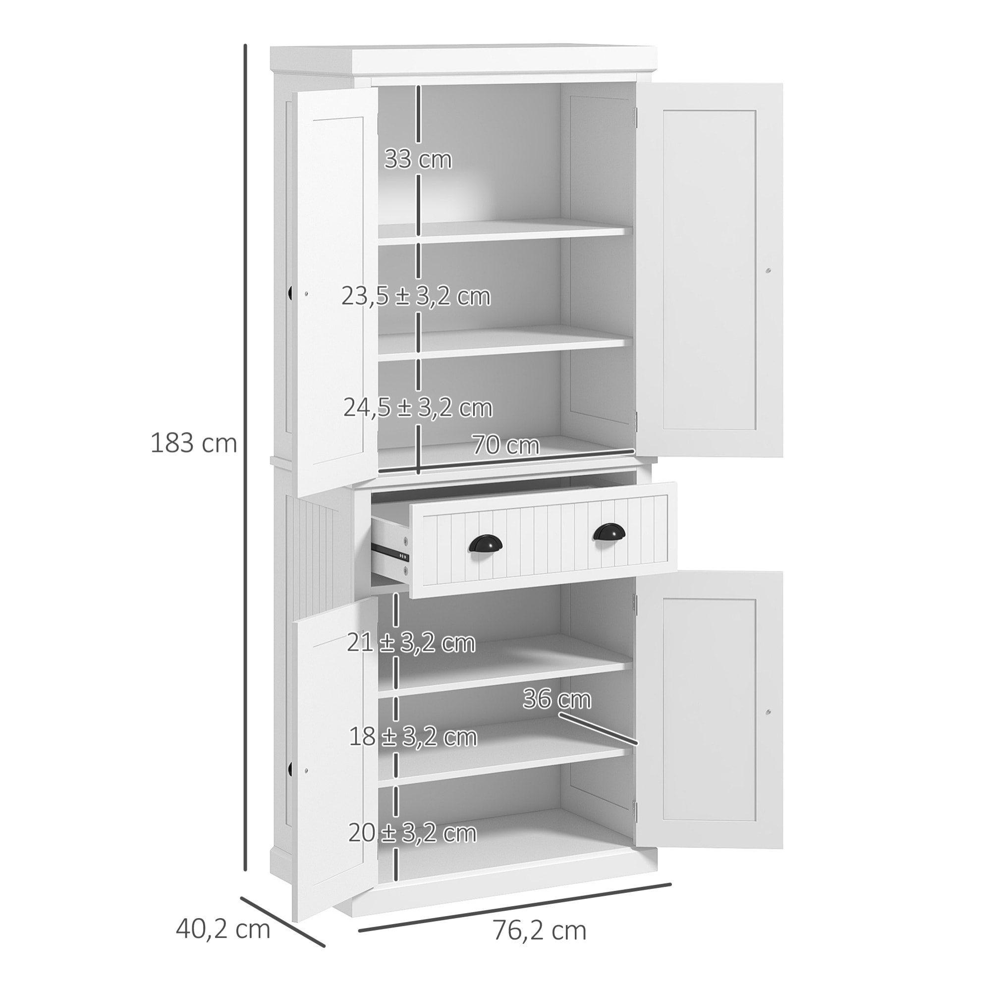 Buffet haut multi-rangement - 4 portes, grand tiroir - dim. 76L x 40l x 183H cm - panneaux MDF blanc