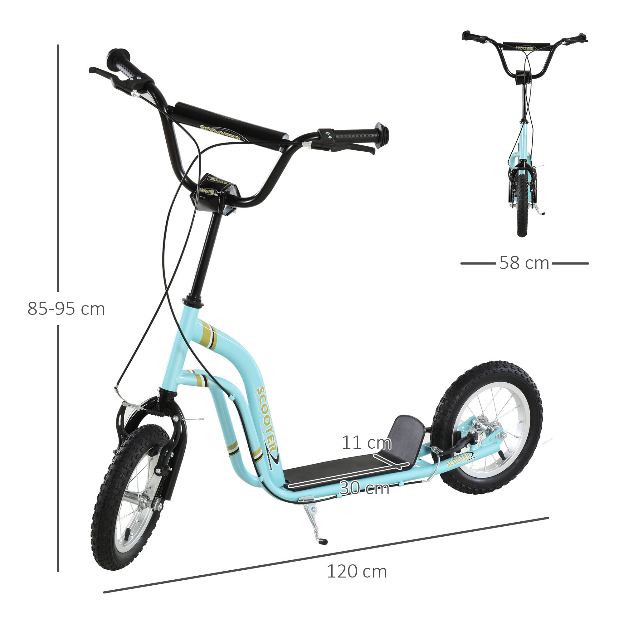 Trottinette Patinette pour Enfants Plus de 5 Ans Grands Pneus Guidon Réglable 2 Freins Contrôlés par Poignée Béquille Latérale 120 x 58 x 85-95 cm Bleu