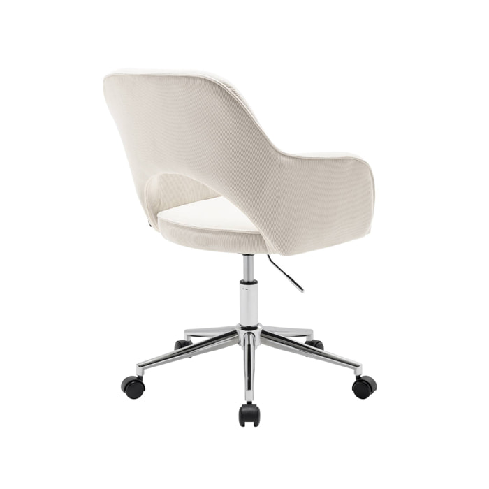 Chaise de bureau à roulettes velours côtelé blanc cassé piétement chromé. L 60 x P 62 x H 89 / 99cm