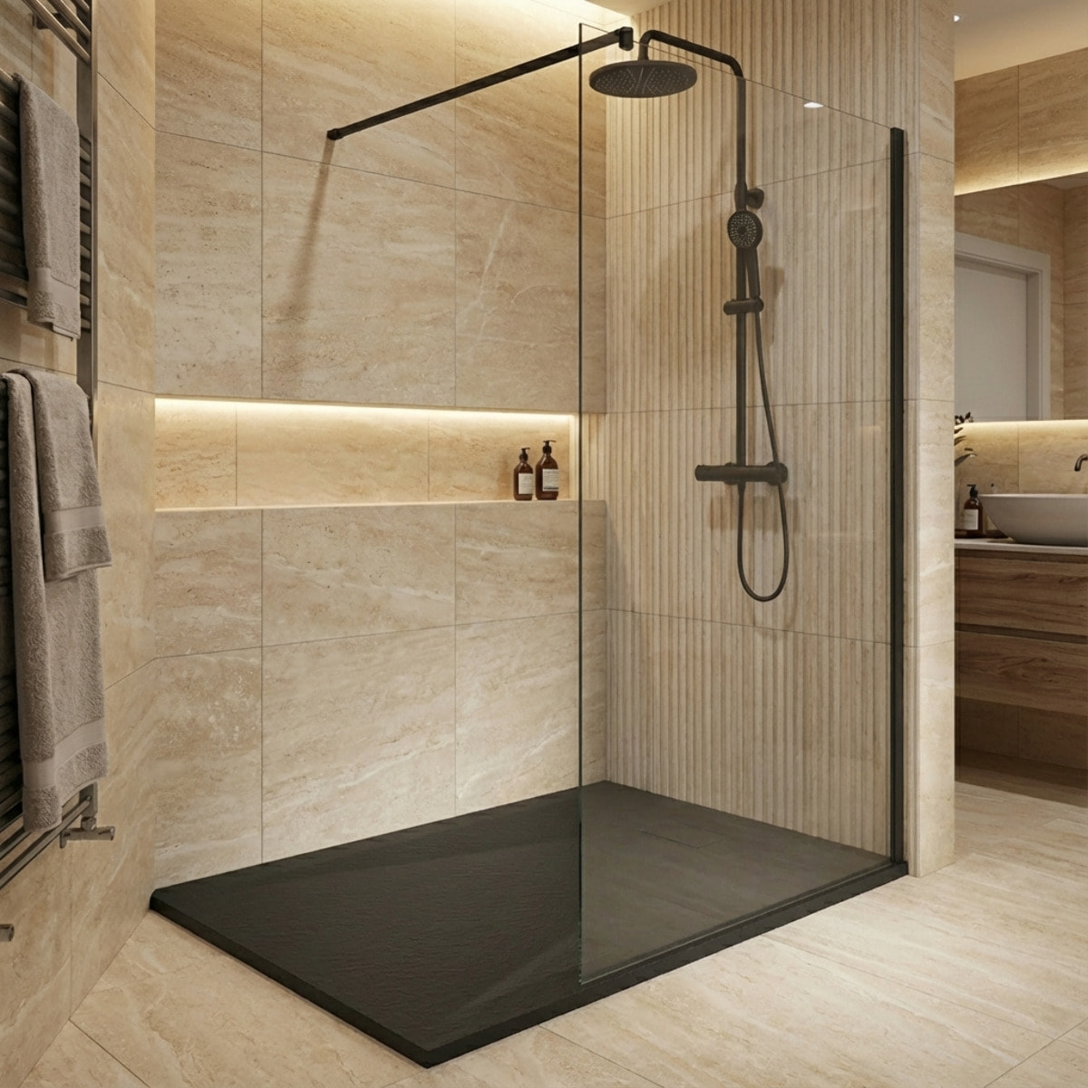 Essential 120x90 cm receveur de douche rectangulaire à poser SMC avec surface effet pierre, noir (CERAES12090B)