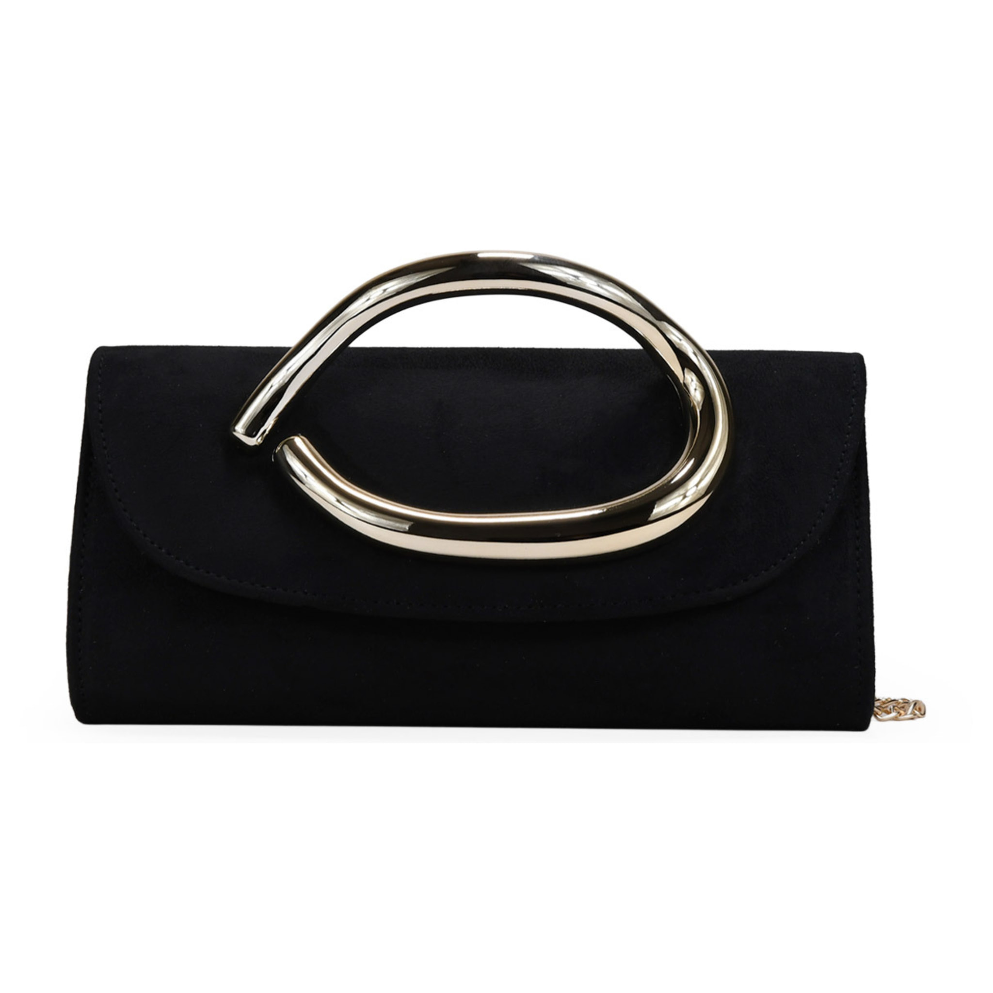 Bolso clutch negro con asa de metal