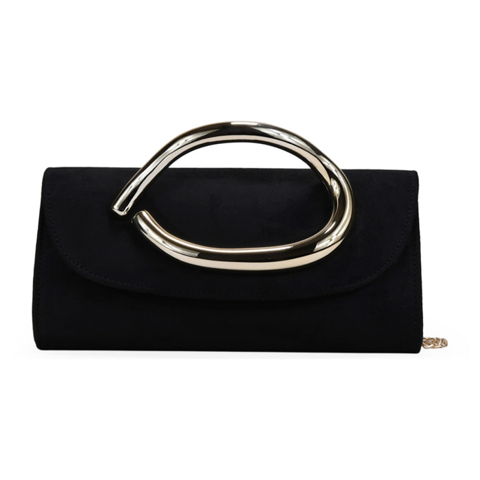 Bolso clutch negro con asa de metal