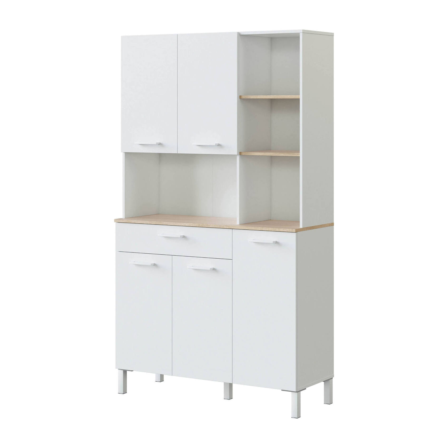 Armadio multiuso Laredo, Mobile ausiliario da cucina, Credenza a 5 ante e 1 cassetto con ripiani, Armadio aperto, cm 108x40h186, Bianco e Rovere