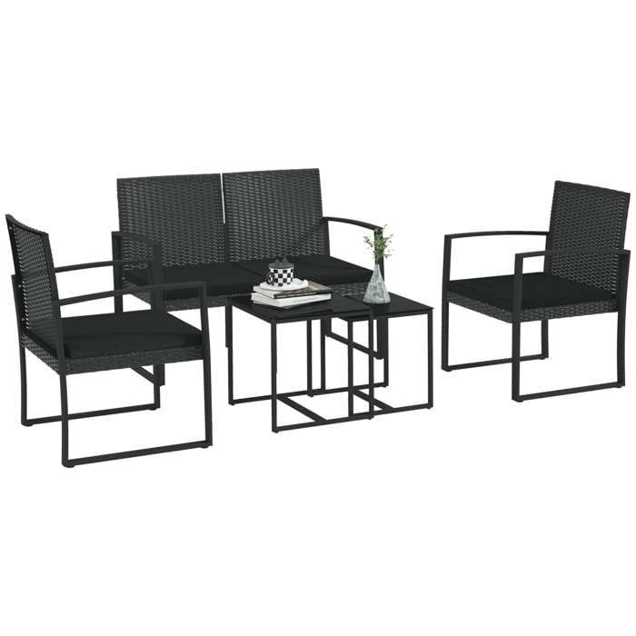 Conjunto de Muebles de Jardín de Ratán Sintético Juego de Sofás Exterior de 5 Piezas con 2 Sofás Individuales 1 Sofá Doble y 2 Mesas de Centro para Patio Terraza Negro