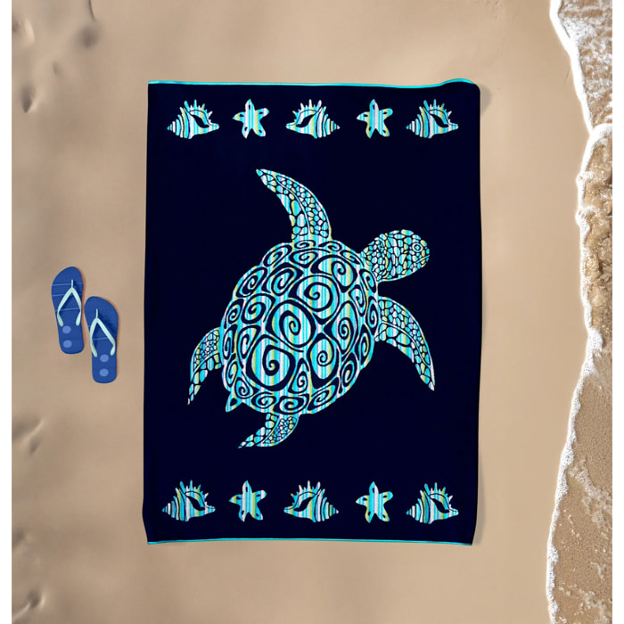 Serviette de plage XL éponge velours Jacquard Bleu 140x180 400g/m² - Calypso