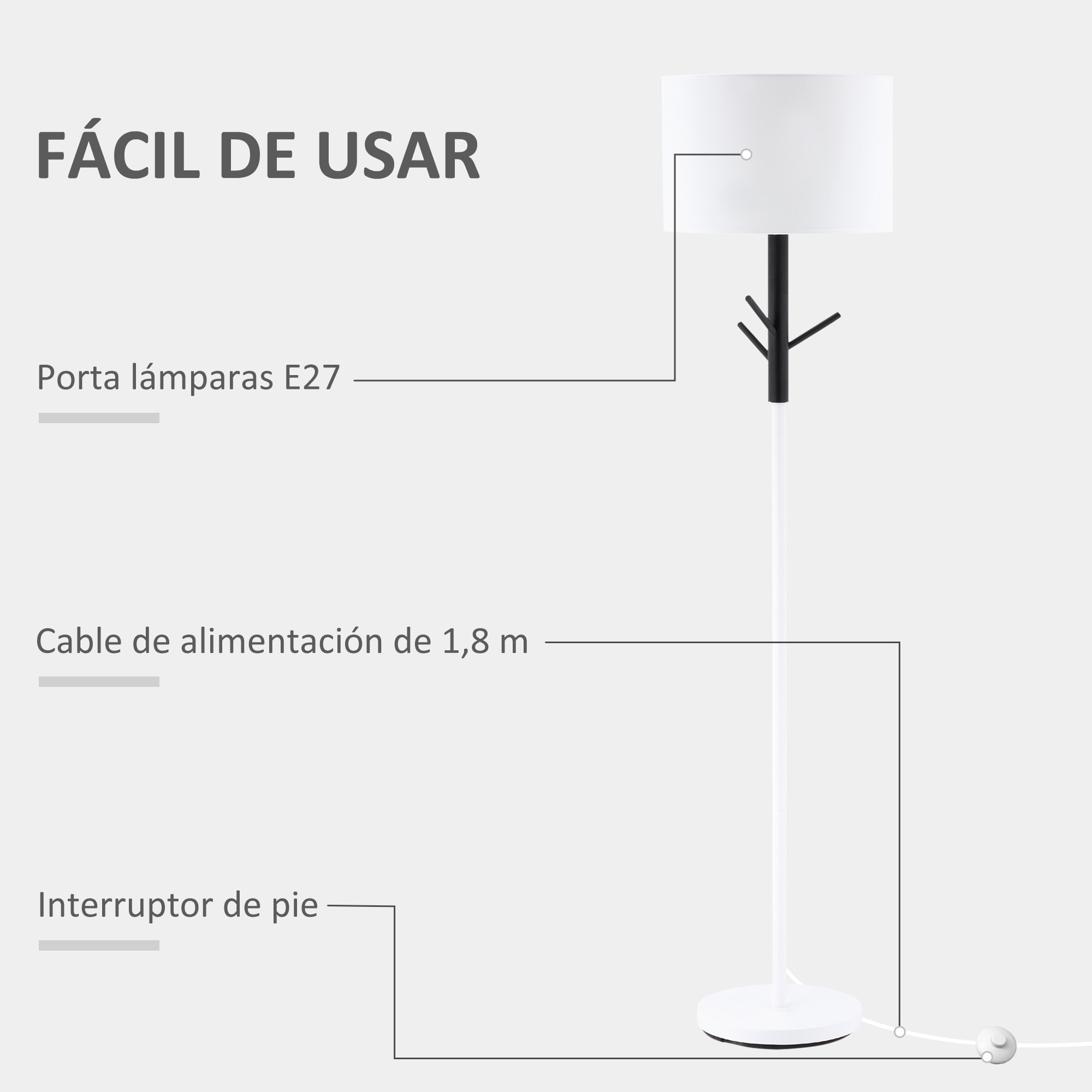 HOMCOM Lámpara de Pie con Ganchos para Colgar Ropa Sombreros Pantalla de Tela Casquillo E27 Máx. 40W e Interruptor de Pie Moderno para Salón Dormitorio Ø38x158 cm Blanco