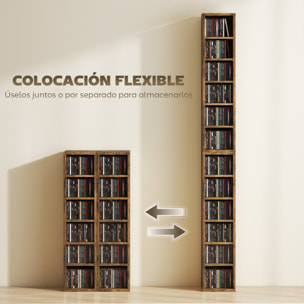 Set de 2 Estanterías para CDs y DVDs, Soportes para CD Estrechos con 12 Compartimentos, Estantes Ajustables, Estanterías para Salón, Oficina, 21x22,5x88,5 cm, Marrón Rústico
