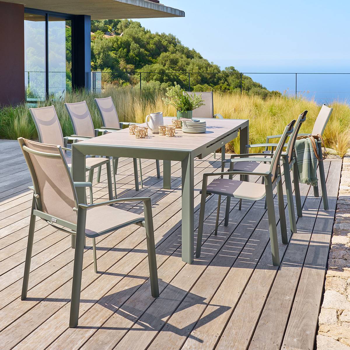 Table de jardin 8 places extensible Evasion beige lin/laurier