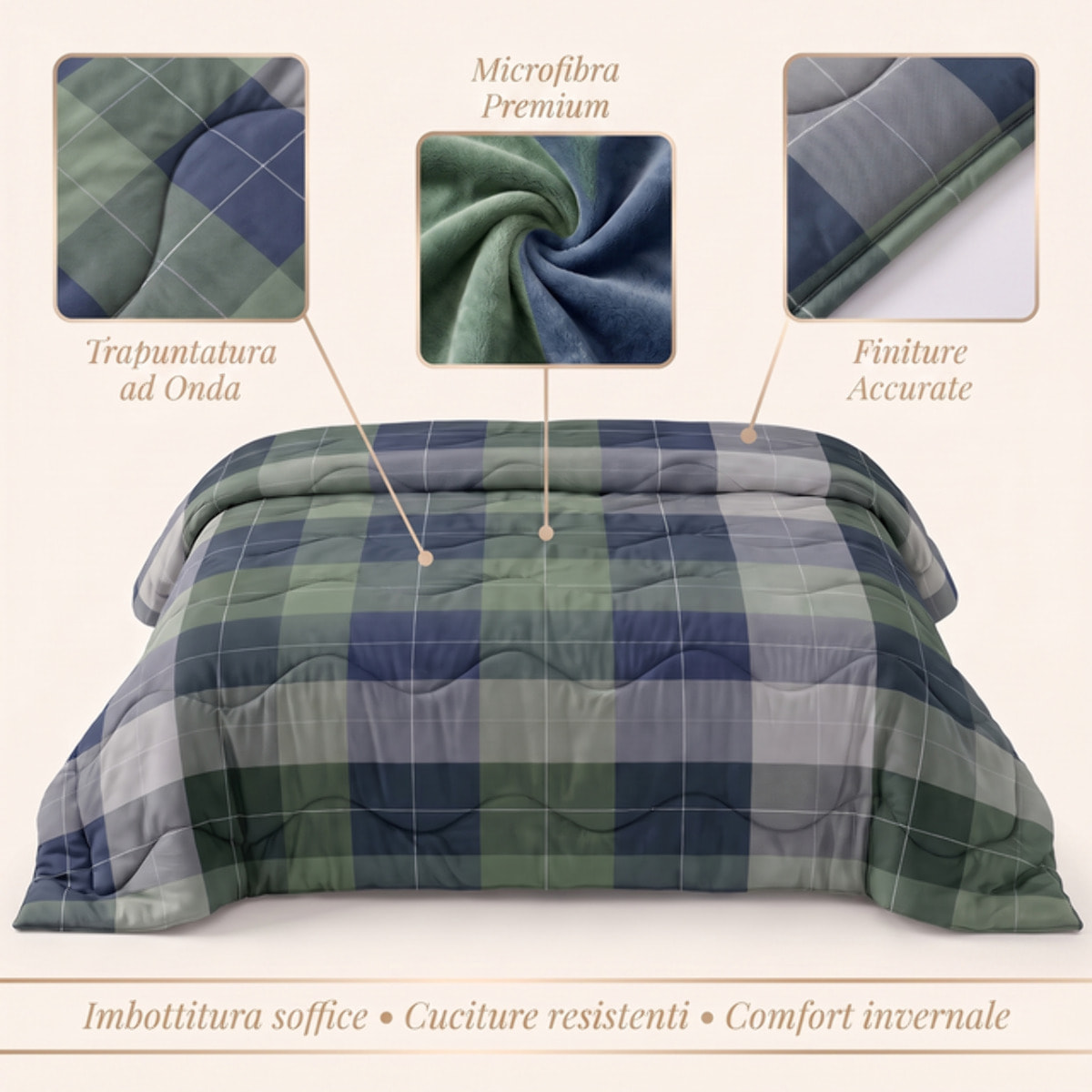Piumino matrimoniale invernale anallergico 300 g/m², imbottitura ecologica soffice e calda, trapunta letto morbida e leggera, antiacaro e traspirante, lavabile in lavatrice, Made in Italy, comfort termico per notti fredde, dimensioni 260x260 cm