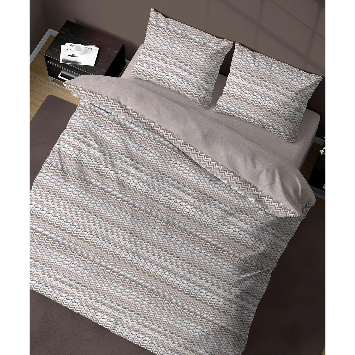 Parure Copripiumino Baia Beige per letto singolo in 100% Cotone e Made in Italy, zig zag moderno